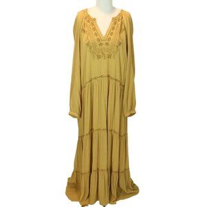 OLD NAVY Tiered Embroidered Peasant Maxi Dress XL Boho Fairy Mustard Long Sleeve